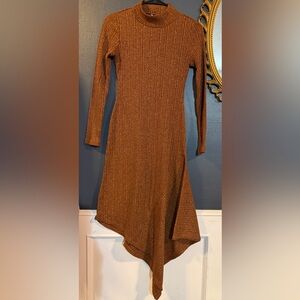 Maison Tara Copper Metallic Fleck Rib Knit Asymmetrical Mock Neck Dress